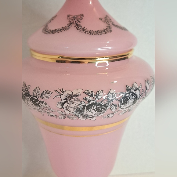 Antique Hand Blown Pink Opaline Glass Vase Handpainted Gold Trim with Lid - Picture 2 of 10